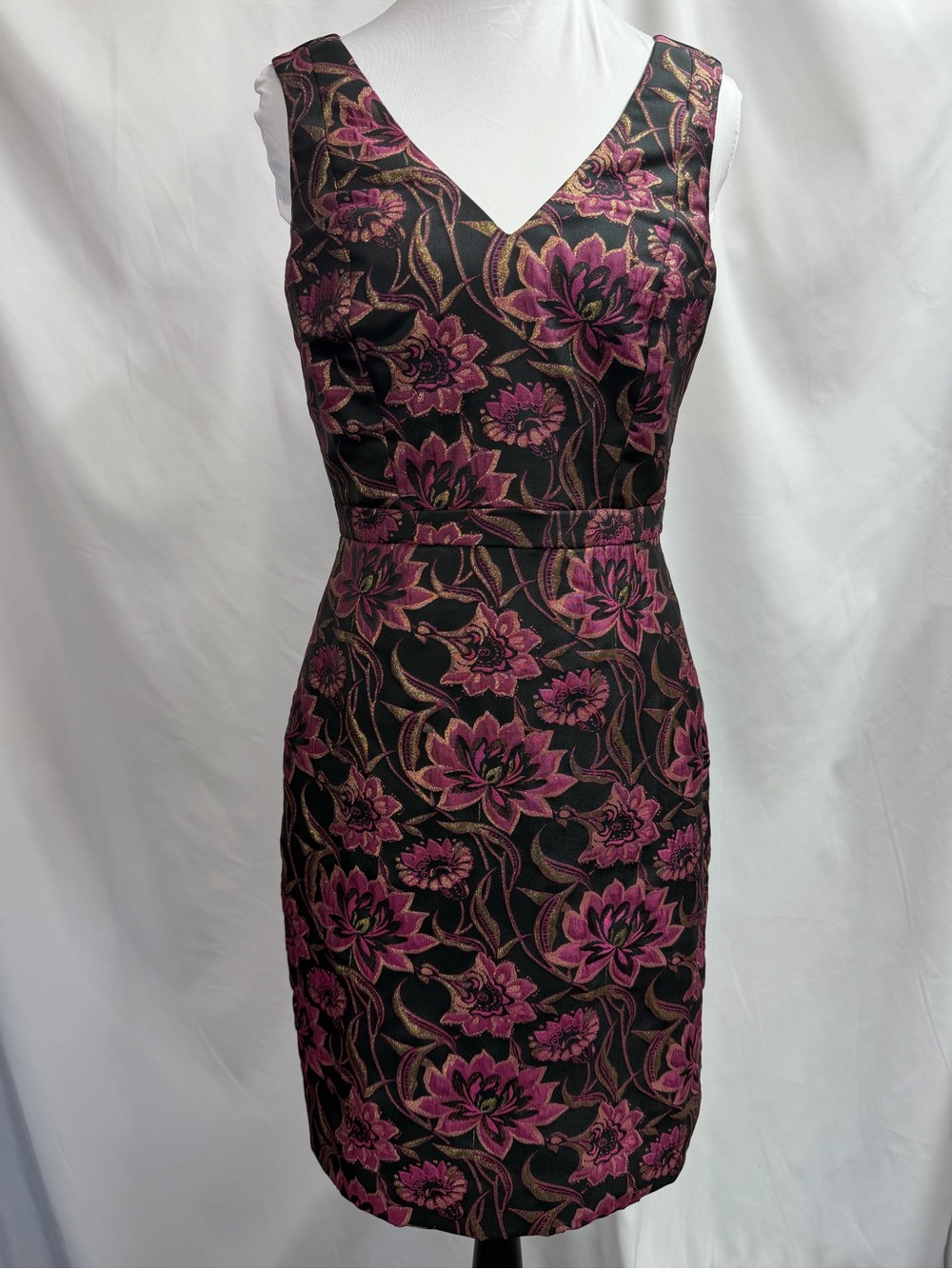 NWT J.Crew Metallic Floral Brocade V-Neck Sheath Dress Pink Black Size 2
